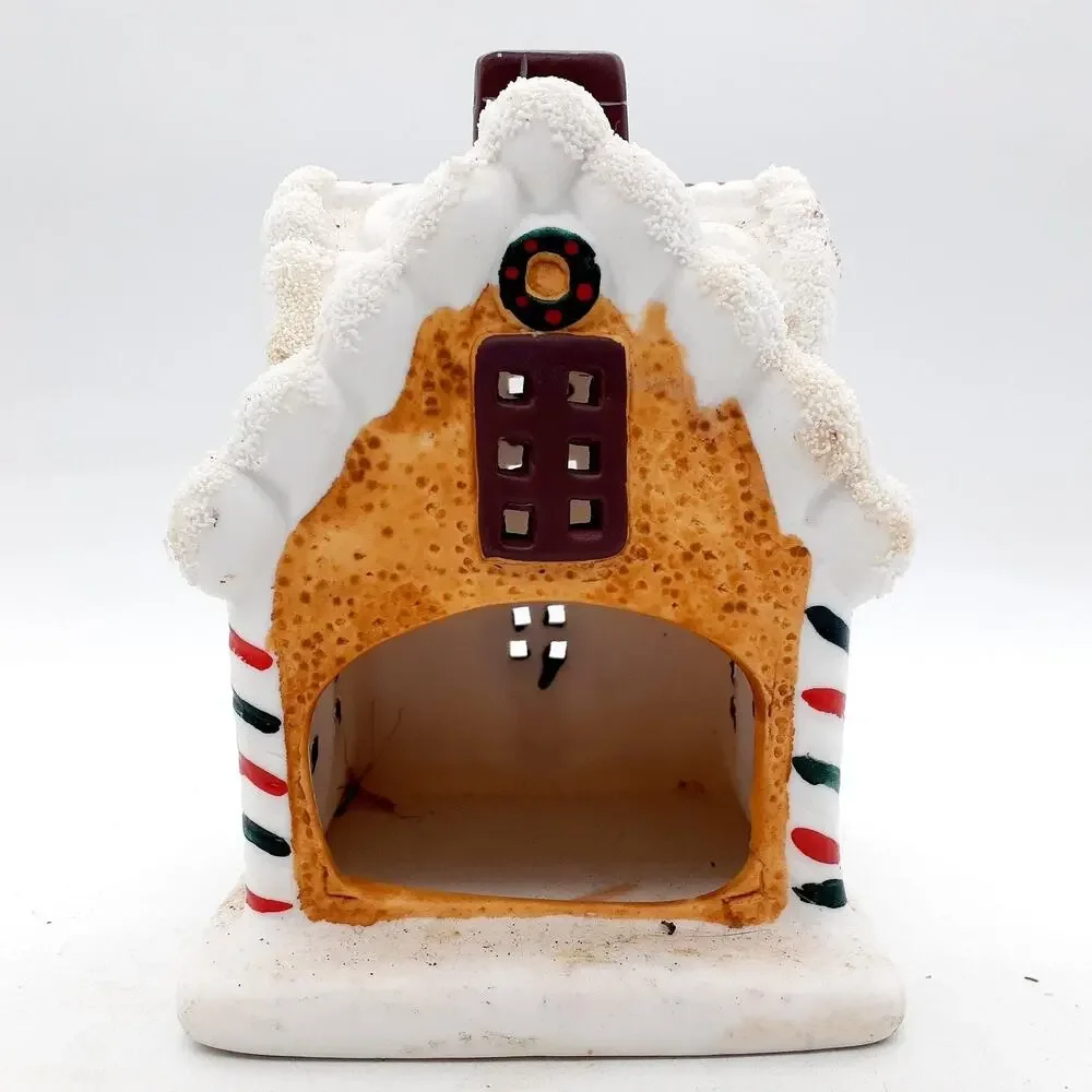 Ceramic Gingerbread House Tealight Candle Holder Snow Roof Holiday Decor